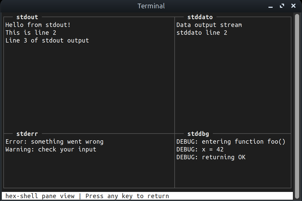 hex-shell displaying the 4-pane TUI viewer for stream inspection