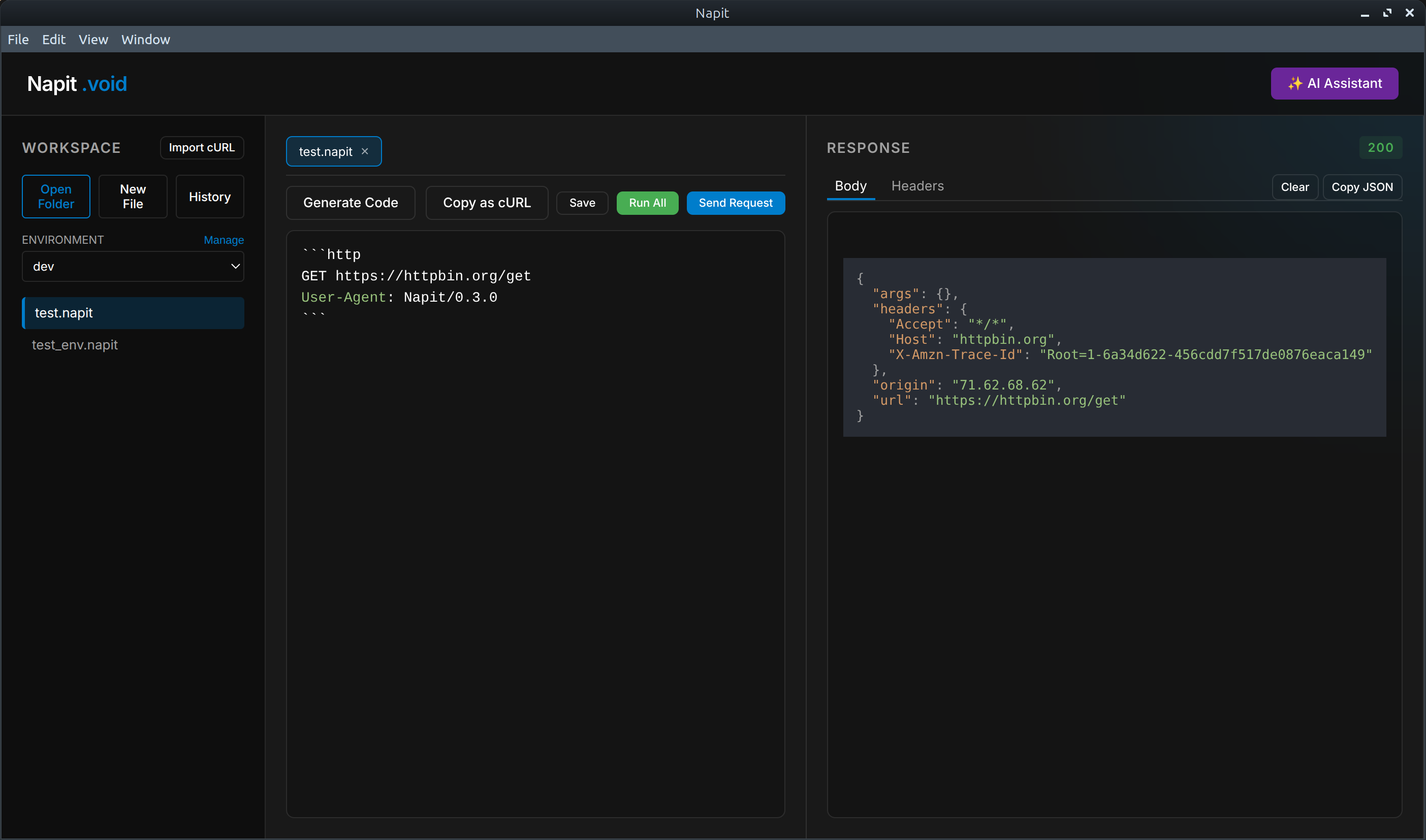 Napit Desktop GUI window displaying API requests and JSON response