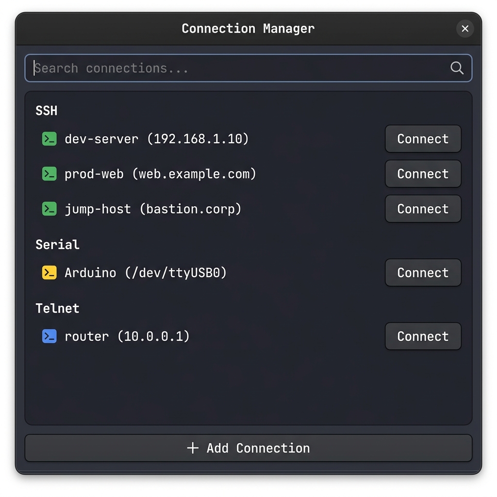 Connection Manager UI showing list of profiles