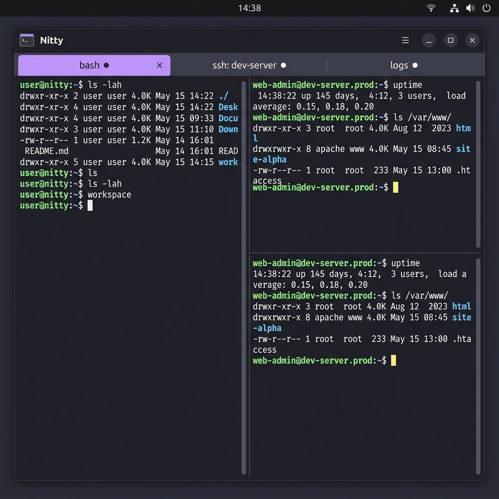 Nitty main window displaying a beautifully styled terminal session with split panes